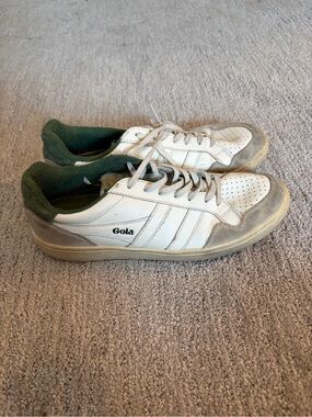 Gola White Leather Sneakers with Green Interior and Grey Suede Trim
